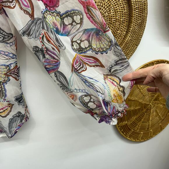 Hale Bob Butterfly Print Blouse Top Large Long Sleeve Tie Neck Boho Colorful - Picture 6 of 8